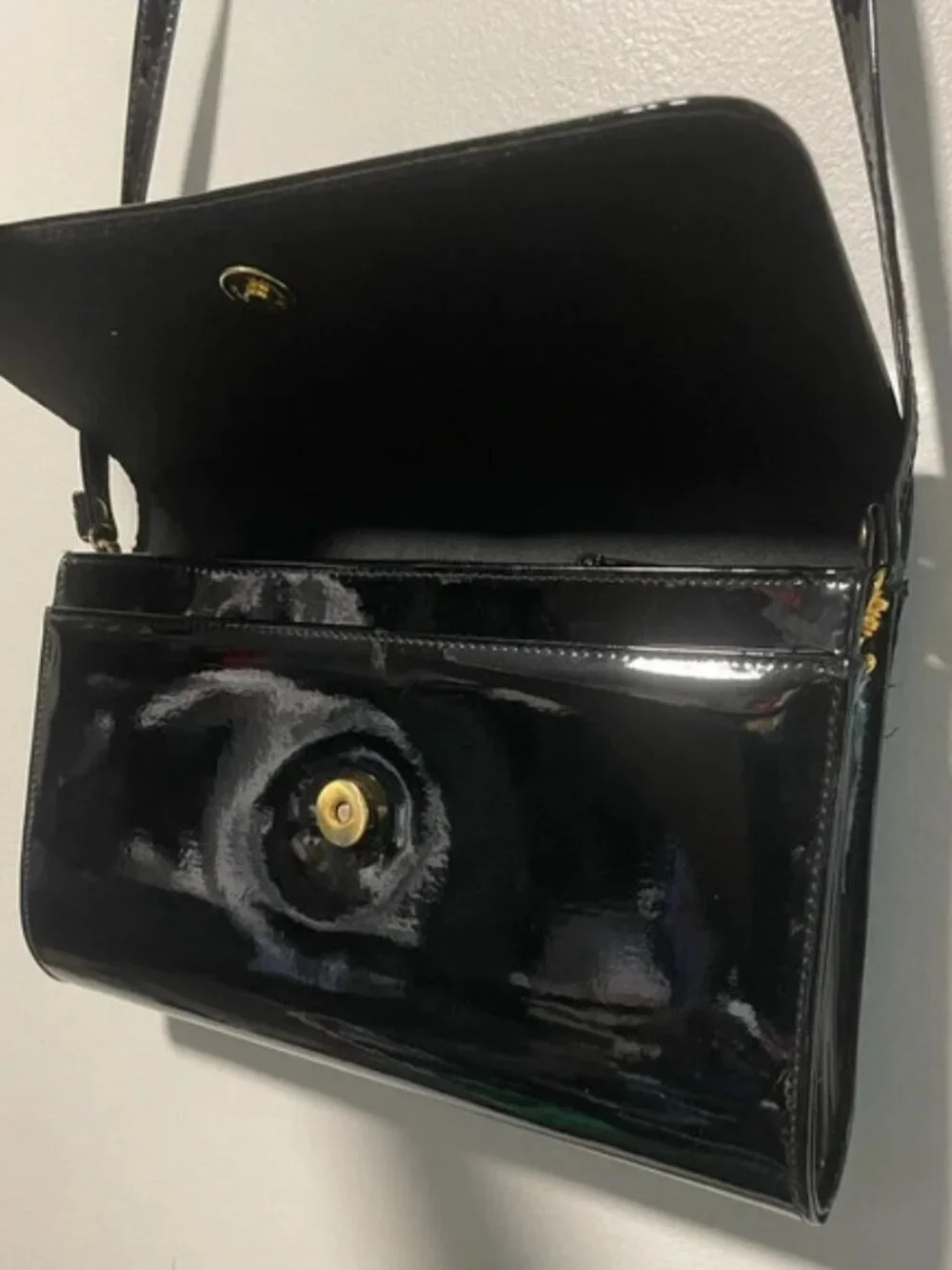 Rafy Black Patent Leather Crossbody Bag with  Gold Bow Detail